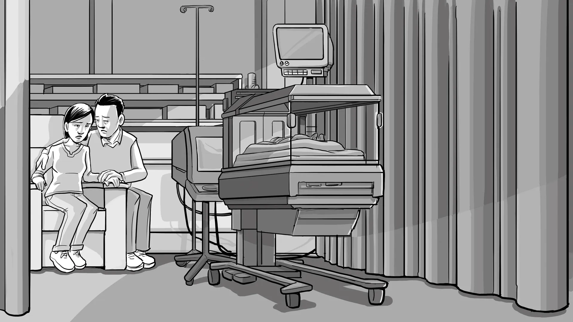 In the NICU, Dara and her husband sit and comfort each other.