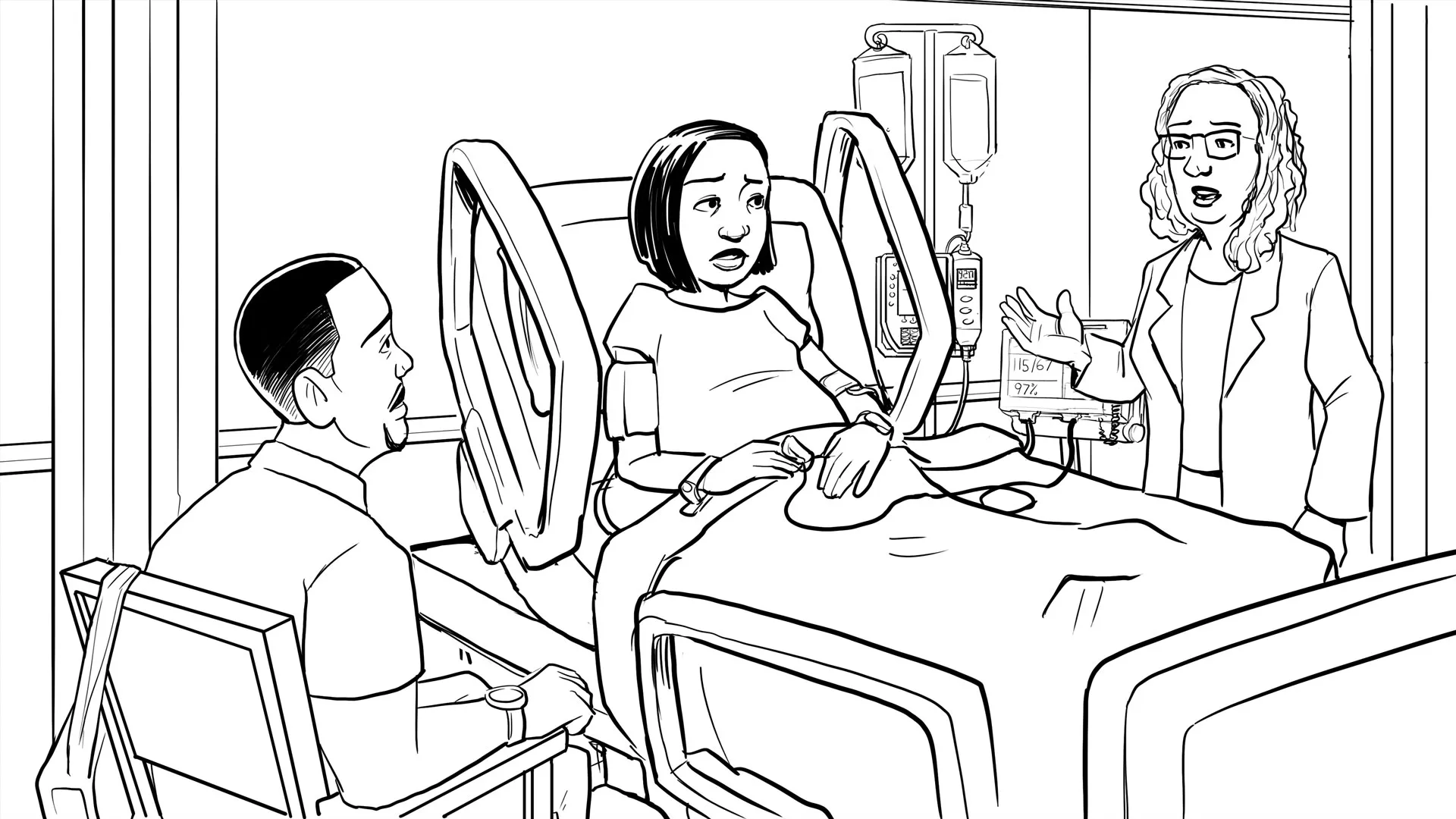 In the hospital room before Amani is born. Doctor talks to Elijah and Amani's mother.