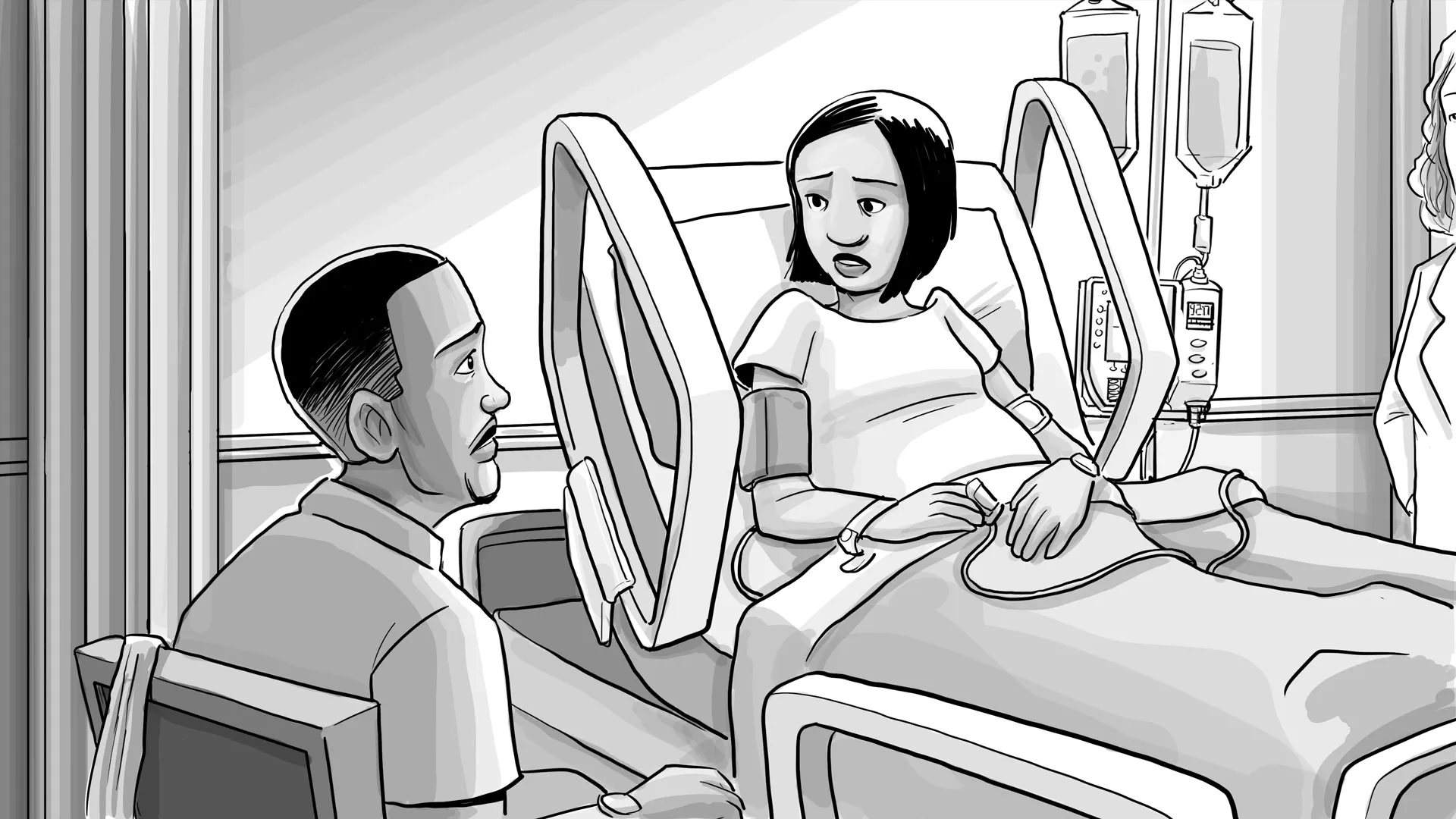 In the hospital room, Elijah and Amani's mother look at each other.