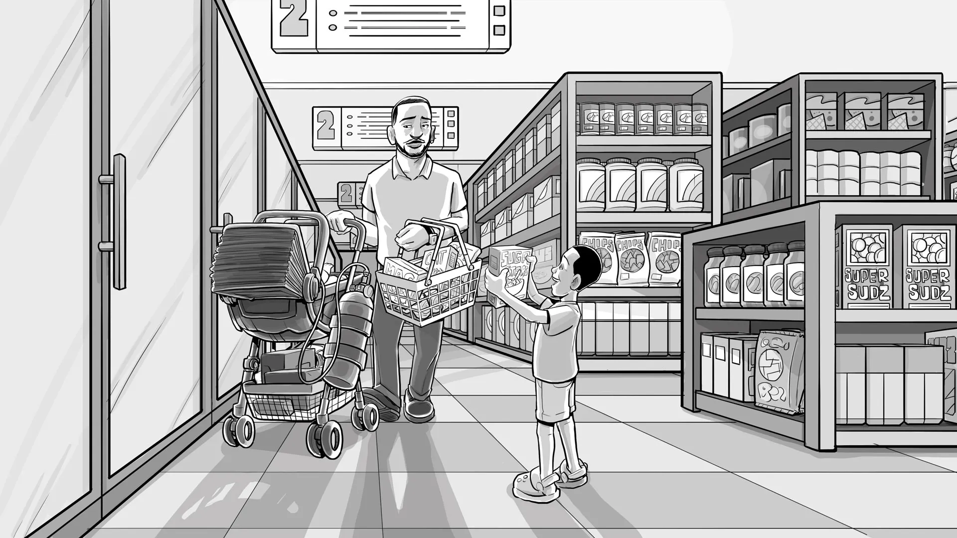 At the supermaket, Elijah with Amania and her brother shopping for groceries.