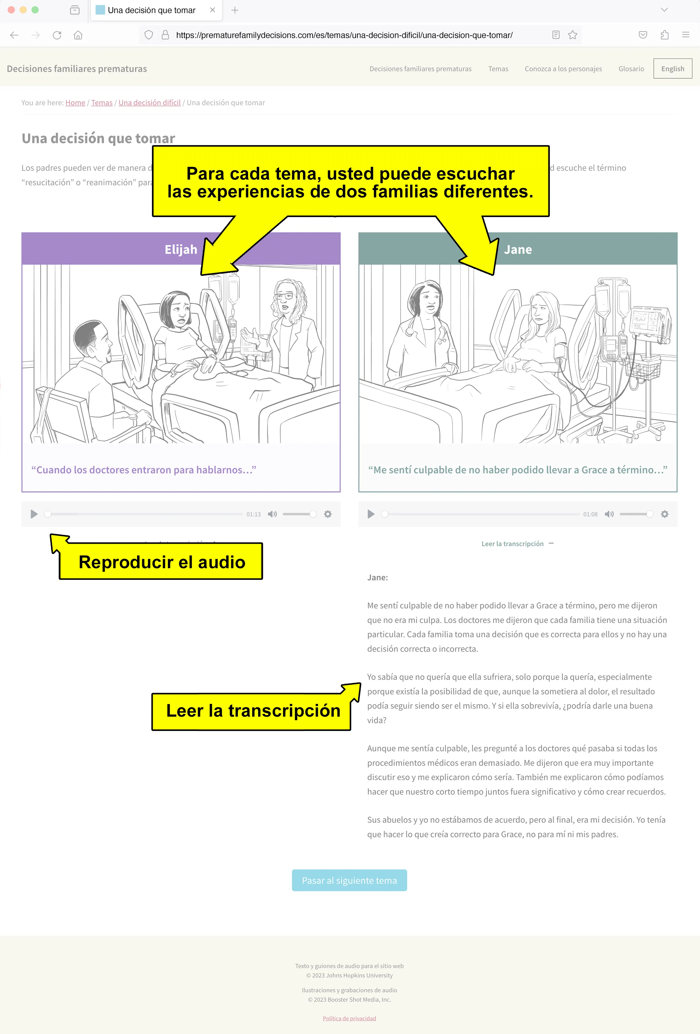 Illustrated screenshot showing two family stories. Yellow arrows explain that users can play audio, read transcripts, and listen to two family experiences per topic.