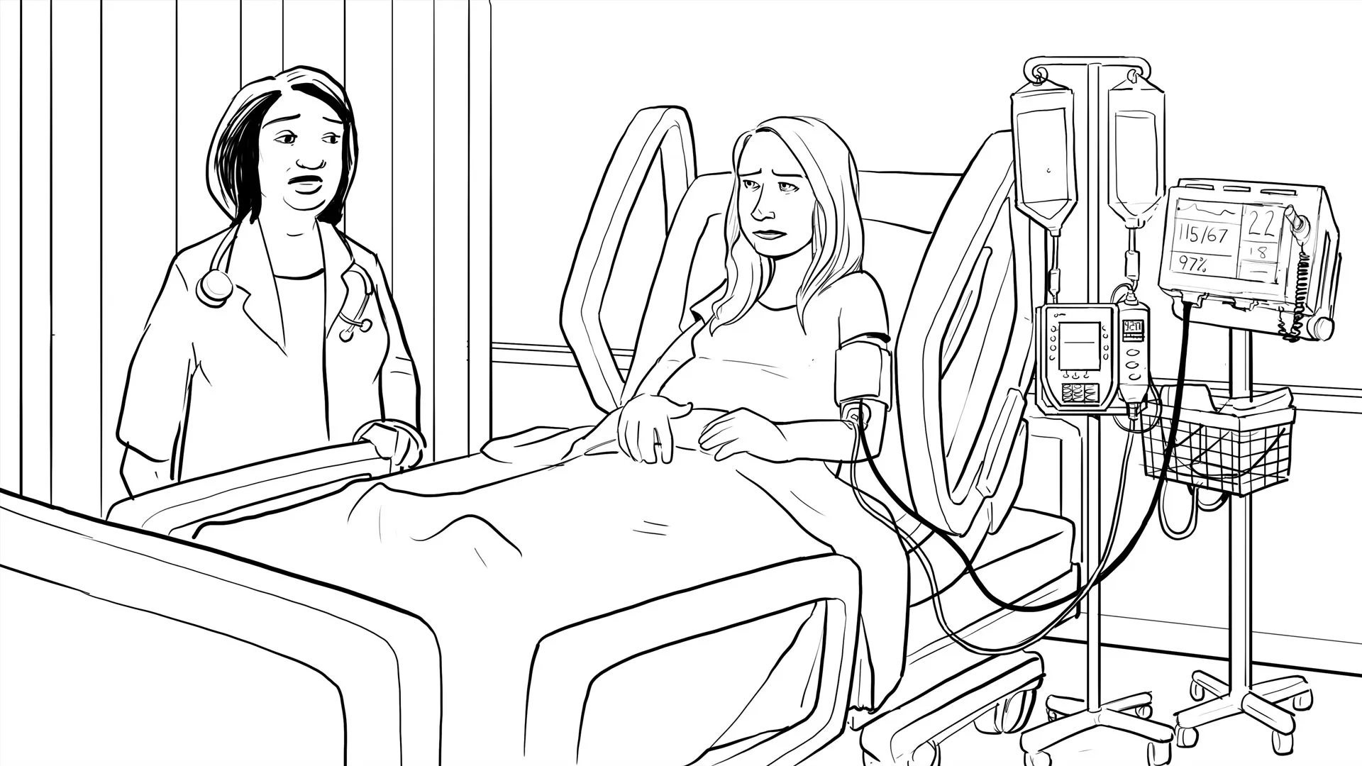 In the hospital room before Grace is born. Doctor talks to Jane.