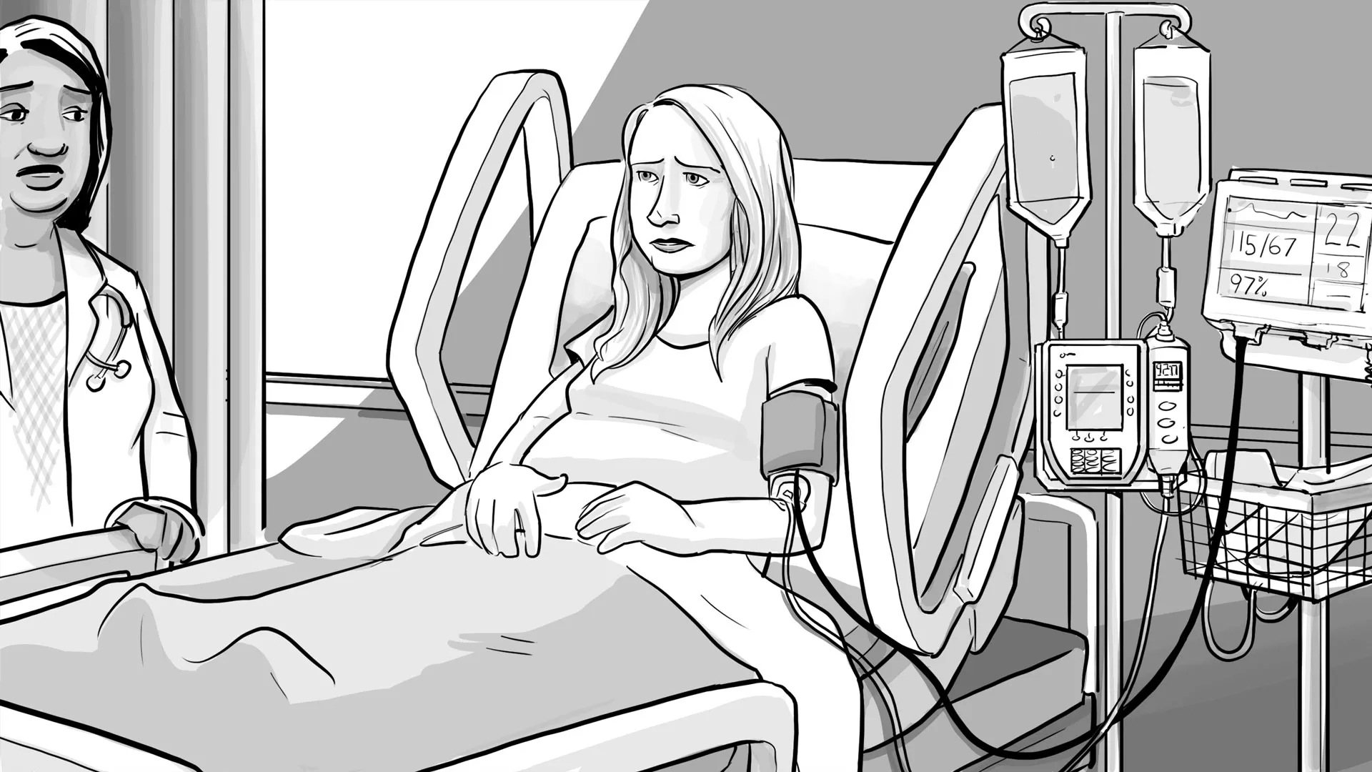 In the hospital room, Jane is thinking.