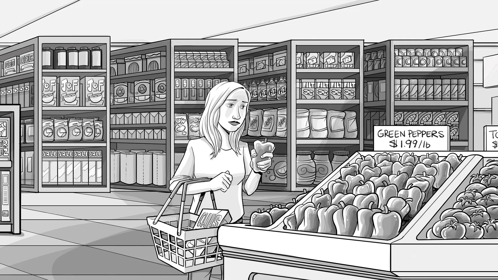At the supermaket, Jane shopping for groceries.