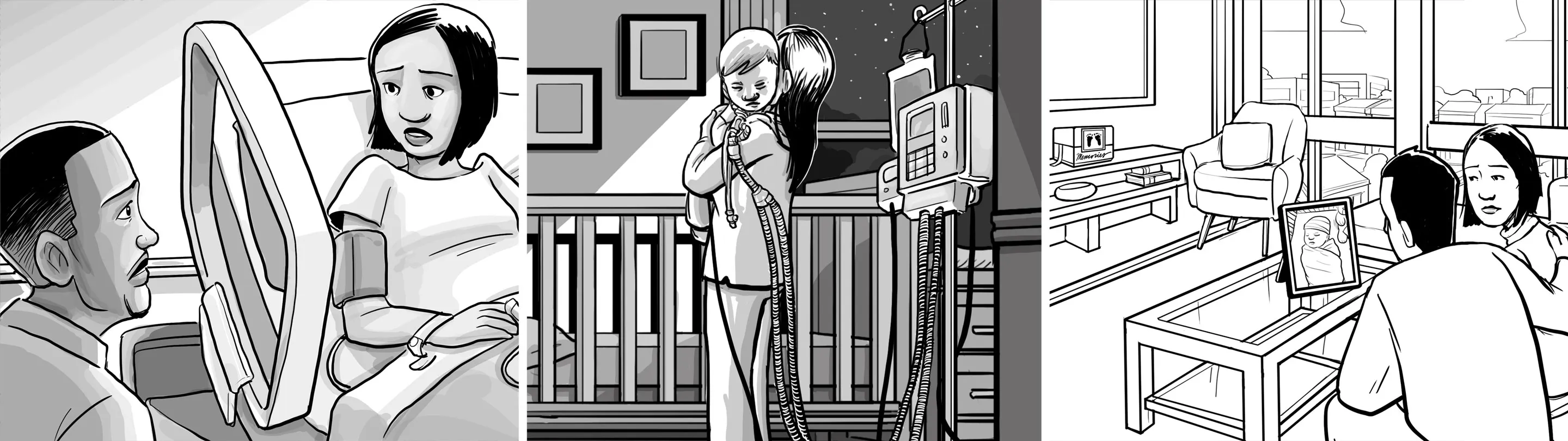 Illustrations of families thinking about their decision.