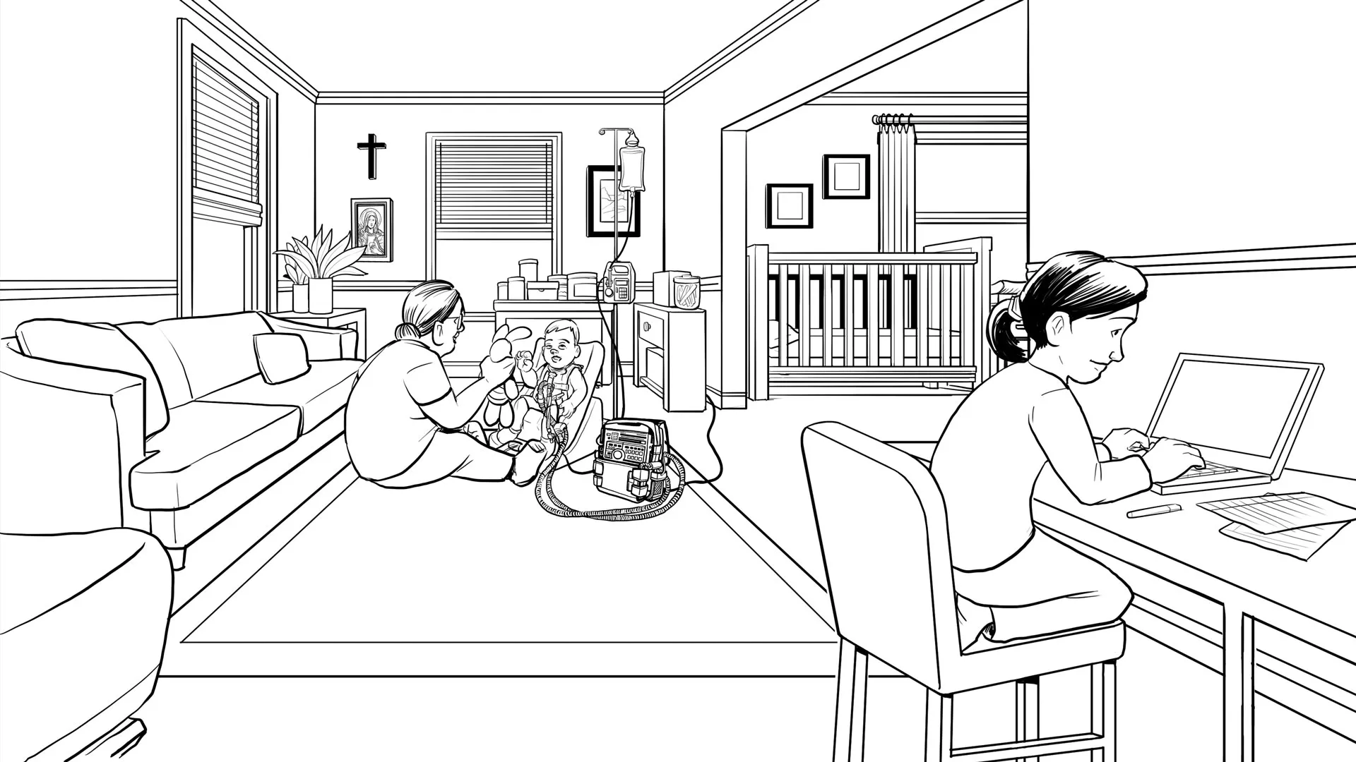 At home, Sofia is working while nurse takes care of Santiago.